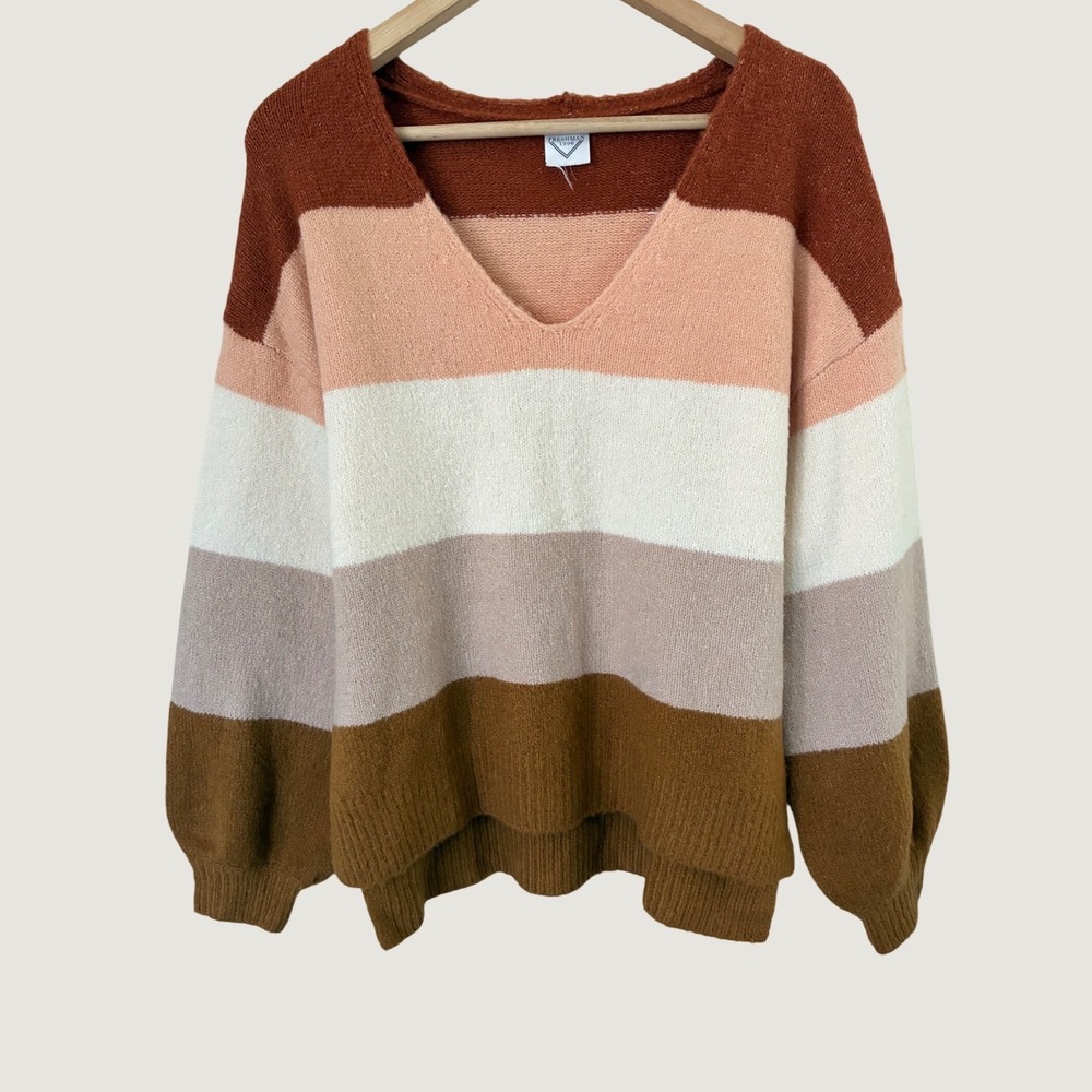 Freshman 1996 Women Colorblock V-Neck Sweater Rust Peach Cream Boho Knit Large